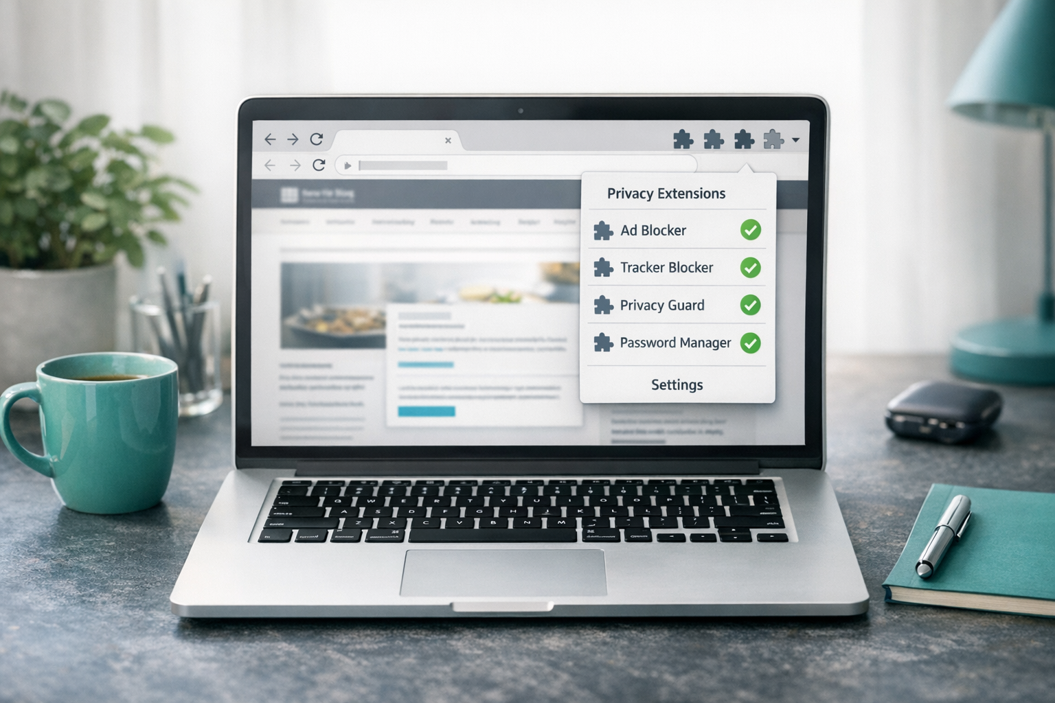 Laptop browser with calm privacy extensions panel — Spindex editorial hero
