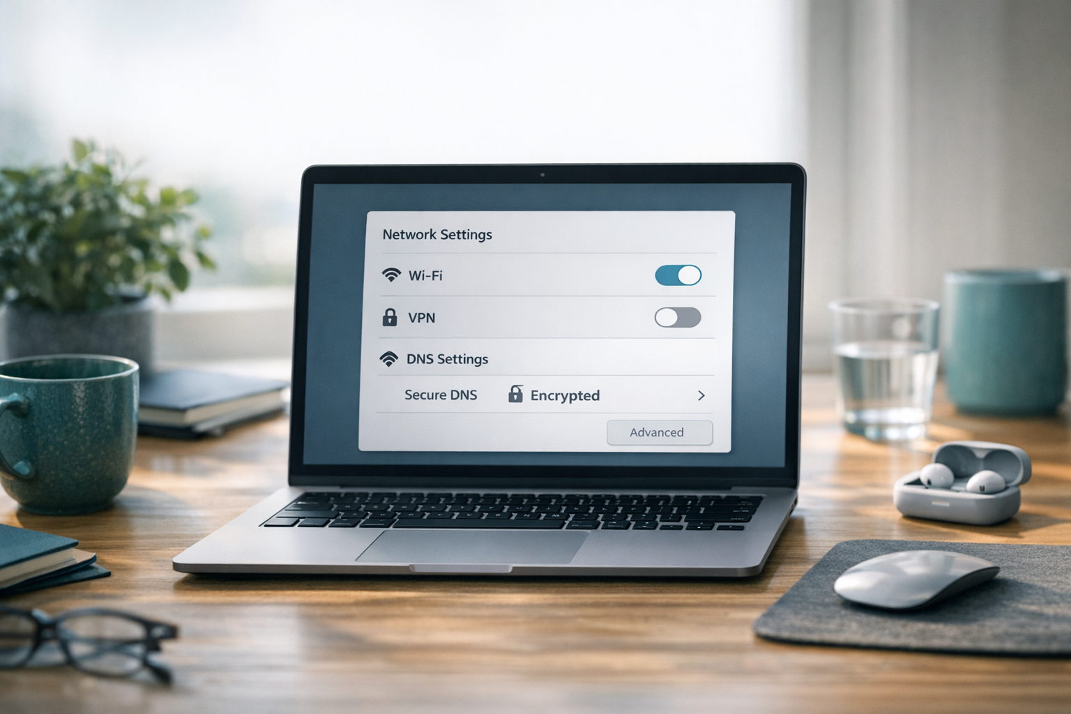 Calm desk laptop showing network DNS settings — Spindex editorial hero