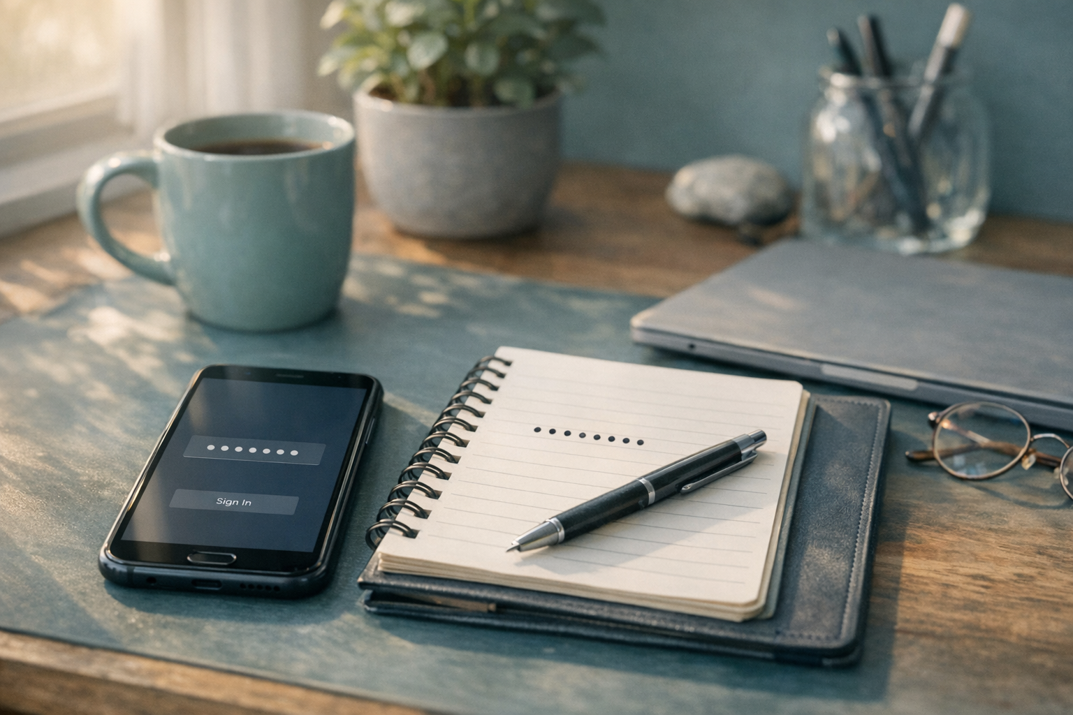 Phone password field and notebook dots on a calm desk — Spindex editorial hero